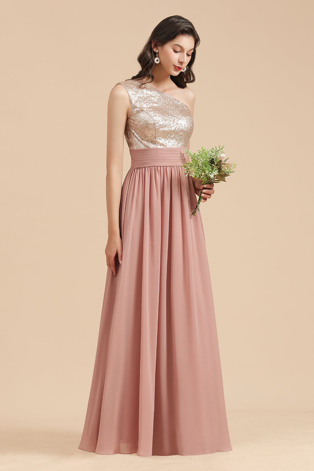 One Shoulder Sequins Dusty Rose Bridesmaid Dress