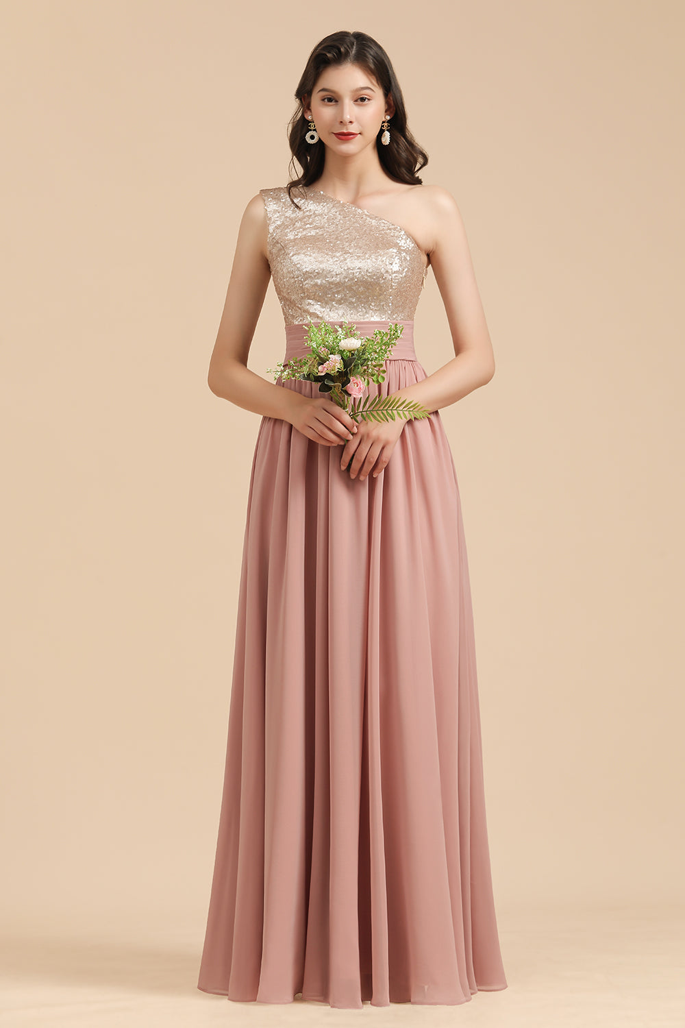 One Shoulder Sequins Dusty Rose Bridesmaid Dress