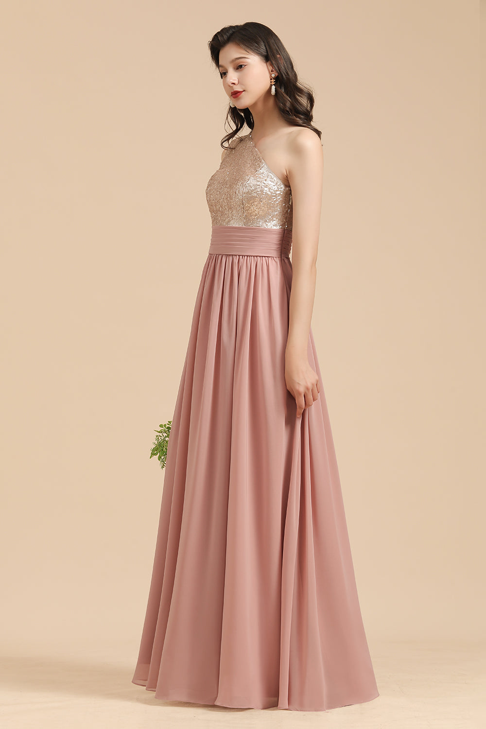 One Shoulder Sequins Dusty Rose Bridesmaid Dress