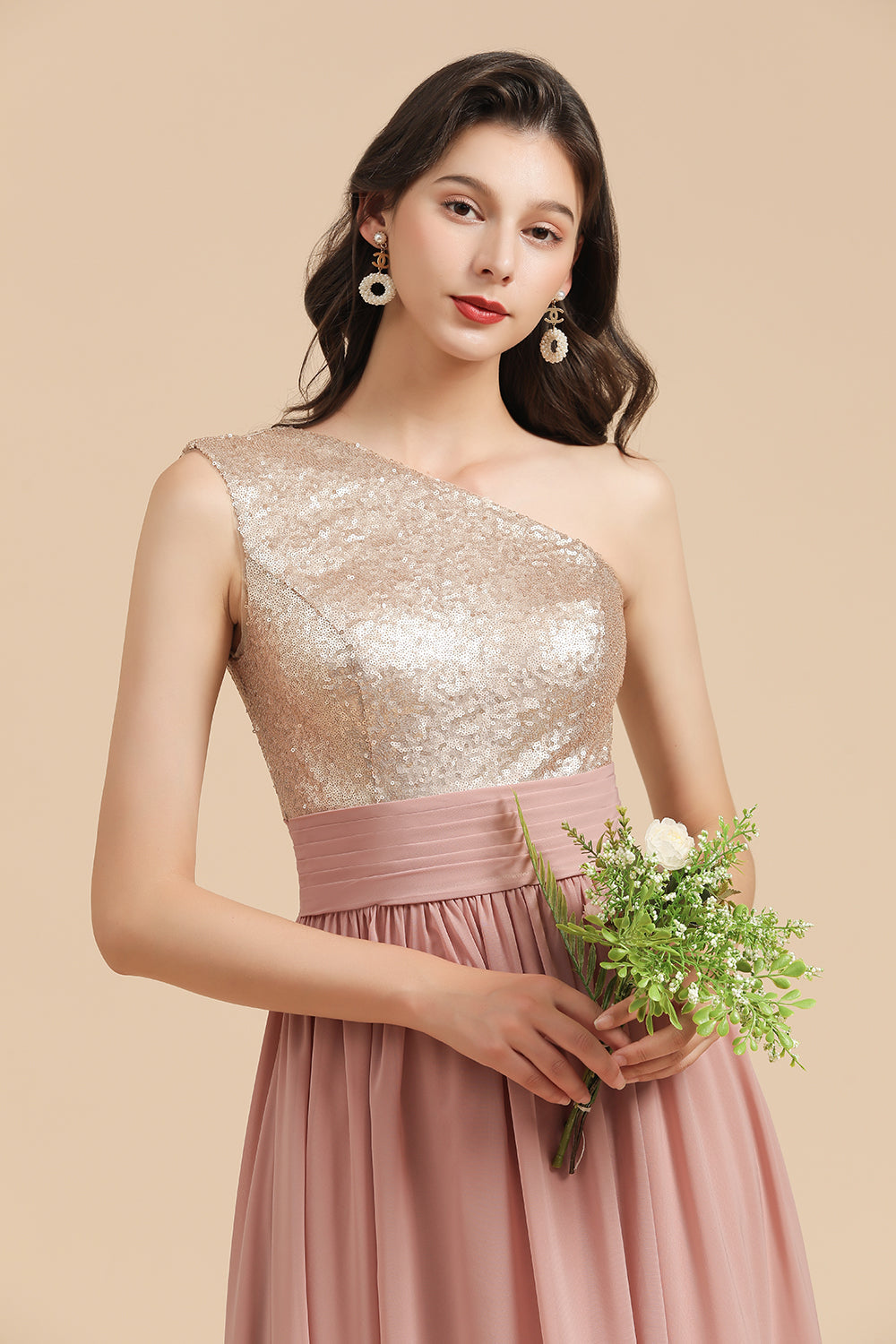 One Shoulder Sequins Dusty Rose Bridesmaid Dress