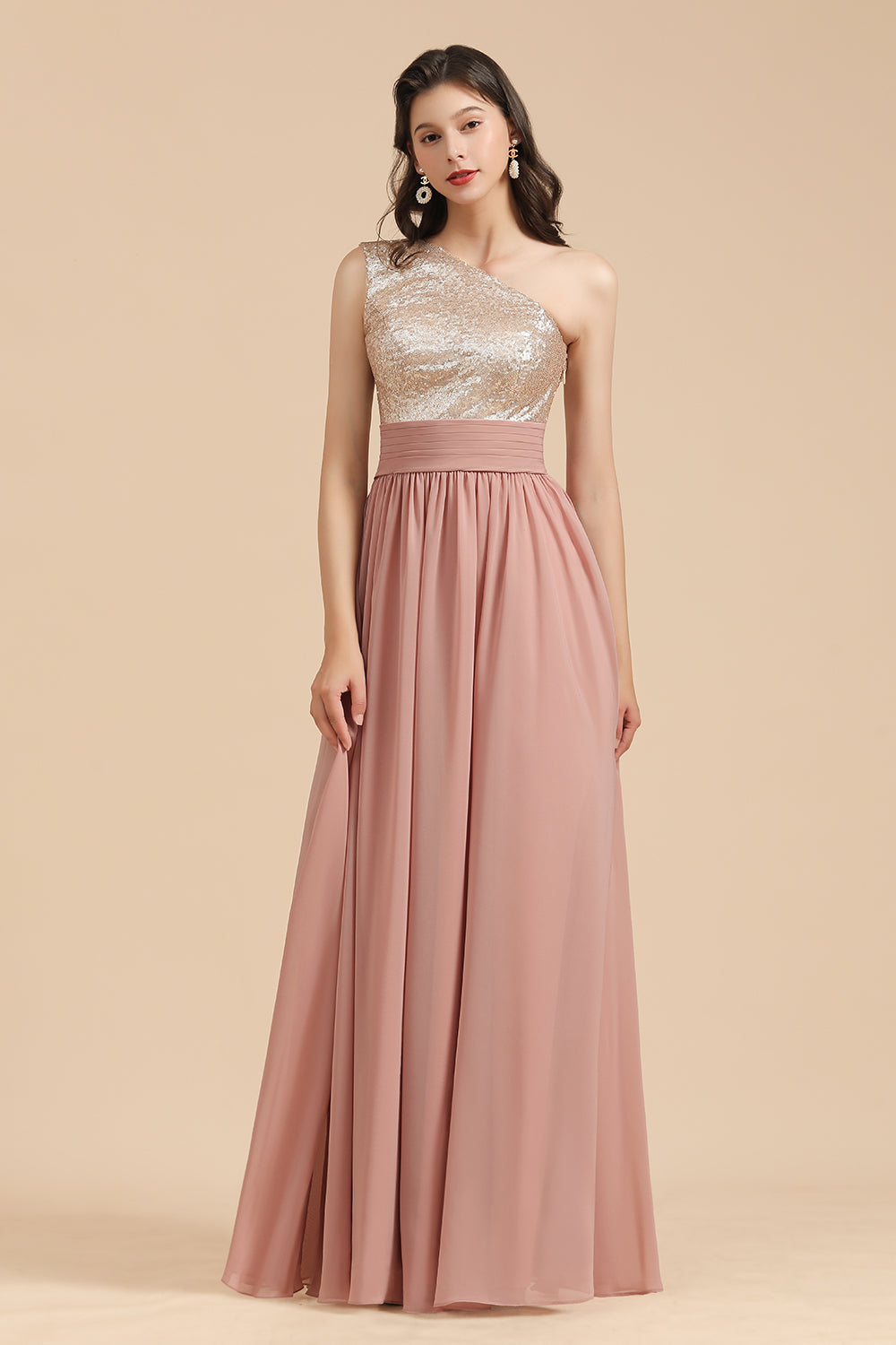 One Shoulder Sequins Dusty Rose Bridesmaid Dress