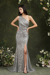 One Shoulder Silver Sequins Bridesmaid Dress Mermaid With Slit