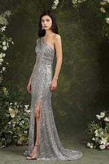 One Shoulder Silver Sequins Bridesmaid Dress Mermaid With Slit