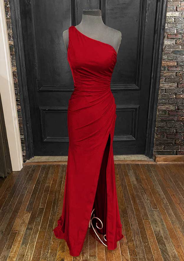 One-Shoulder Sleeveless Prom Dress/Evening Dress - Sheath/Column Jersey Long/Floor-Length with Pleated Split