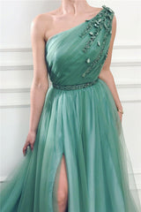 One Shoulder Split Prom Dress Long With Applique