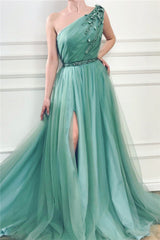 One Shoulder Split Prom Dress Long With Applique