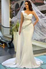 One Shoulder White Prom Dress Mermaid Long Ruffle With Beads