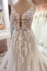 Open Back Wedding Dress Lace Sleeveless Long V-Neck