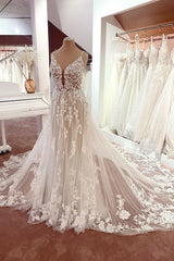 Open Back Wedding Dress Lace Sleeveless Long V-Neck