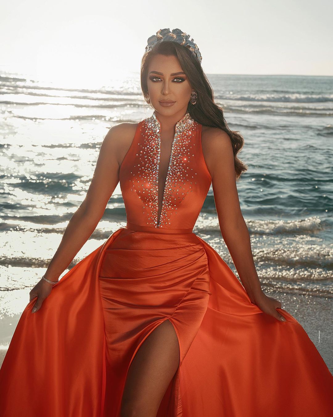 Orange Halter Mermaid Prom Dress Slit Overskirt With Beads
