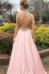 Pink Halter Sleeveless Prom Dress Long With Crystals