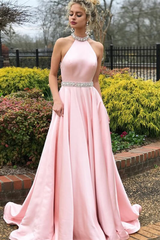 Pink Halter Sleeveless Prom Dress Long With Crystals