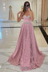 Pink Lace A-Line Prom Dress Sleeveless With Beads