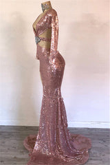 Pink Long Sleeevs Sequins Prom Dress Mermaid With Split
