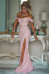 Pink Sequins Mermaid Prom Dress Off-the-Shoulder Slit Party Dress