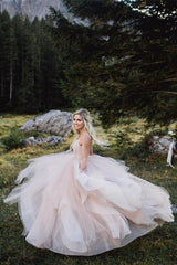 Pink Spaghetti-Straps Wedding Dress Tulle Backless Long