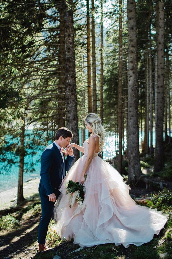 Pink Spaghetti-Straps Wedding Dress Tulle Backless Long