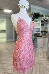 Pink Tulle Sequin Plunge V-Neck Short Cocktail Homecoming Dress with Feathers