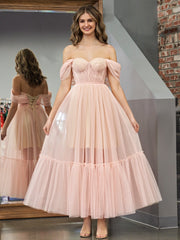 Nova A-Line Rose Pink Tulle Sweetheart Tea-Length Prom Dress