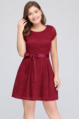 Plus Size A-Line Jewel Burgundy Lace Bridesmaid dress with Short Sleeves