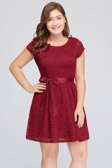 Plus Size A-Line Jewel Burgundy Lace Bridesmaid dress with Short Sleeves