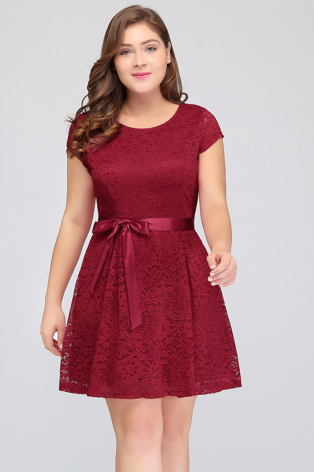 Plus Size A-Line Jewel Burgundy Lace Bridesmaid dress with Short Sleeves