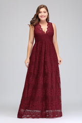 Plus Size A-Line V-Neck Burgundy Lace Bridesmaid Dress Online