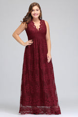 Plus Size A-Line V-Neck Burgundy Lace Bridesmaid Dress Online