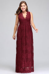 Plus Size A-Line V-Neck Burgundy Lace Bridesmaid Dress Online