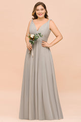 Plus Size Chiffon V-neck Sleeveless Affordable Bridesmaid Dress with Ruffle