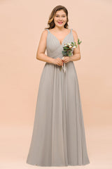 Plus Size Chiffon V-neck Sleeveless Affordable Bridesmaid Dress with Ruffle