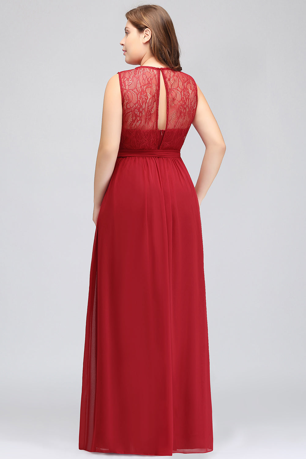 Plus Size Jewel Sleeveless Red Lace Long Bridesmaid Dress with Ruffle