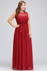 Plus Size Jewel Sleeveless Red Lace Long Bridesmaid Dress with Ruffle