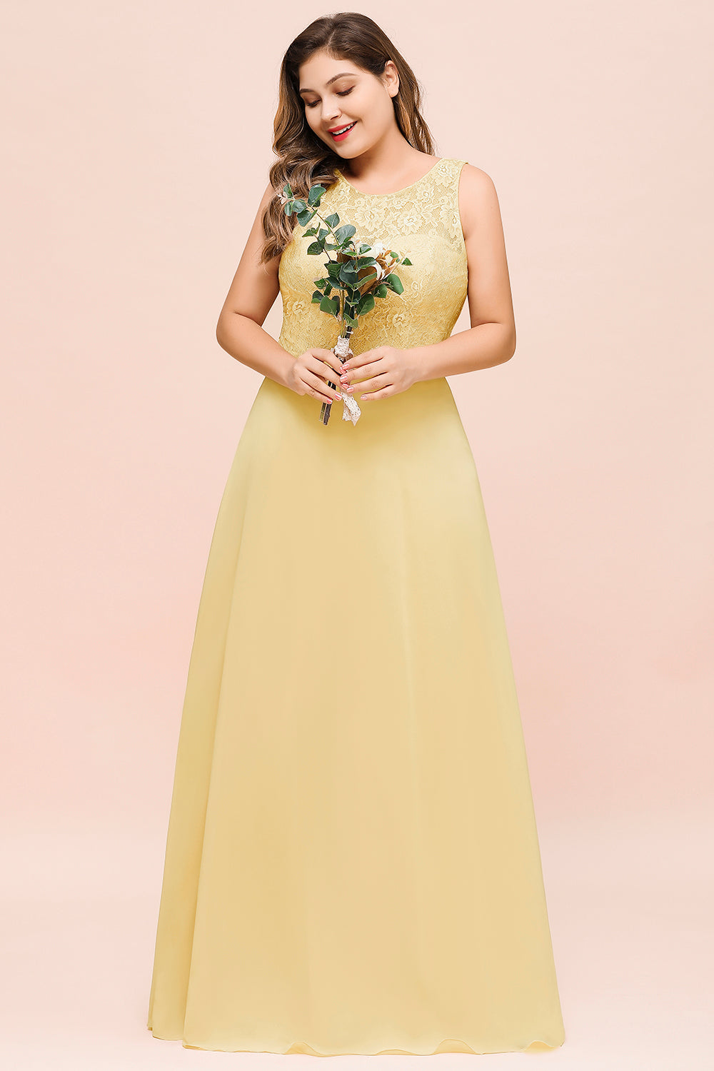 Plus Size Lace Sleeveless Affordable Daffodil Bridesmaid Dress