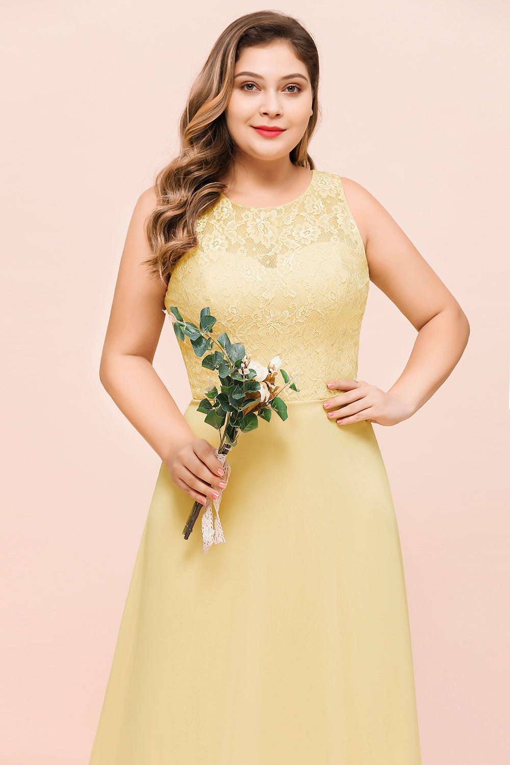 Plus Size Lace Sleeveless Affordable Daffodil Bridesmaid Dress