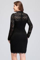 Plus Size Mermaid High-Neck Lace Short Bridesmaid Dress with Long Sleeves