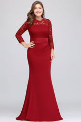 Plus Size Mermaid Long Red Lace Bridesmaid Dresses with 3/4 Sleeves