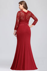 Plus Size Mermaid Long Red Lace Bridesmaid Dresses with 3/4 Sleeves