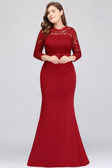 Plus Size Mermaid Long Red Lace Bridesmaid Dresses with 3/4 Sleeves