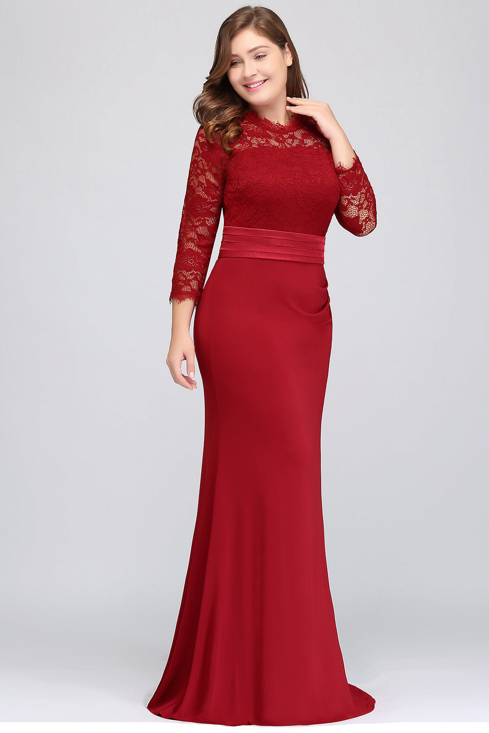 Plus Size Mermaid Long Red Lace Bridesmaid Dresses with 3/4 Sleeves