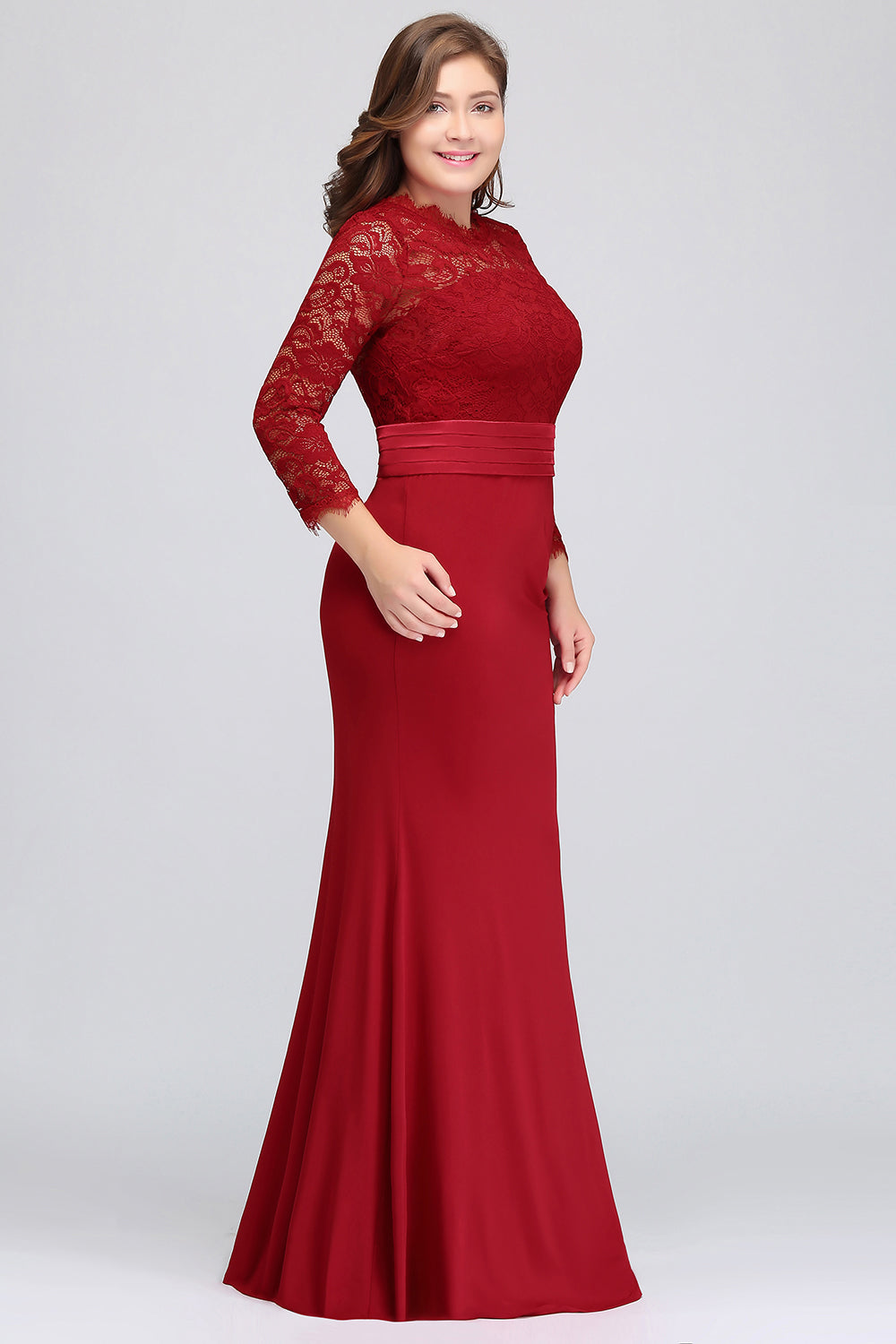 Plus Size Mermaid Long Red Lace Bridesmaid Dresses with 3/4 Sleeves