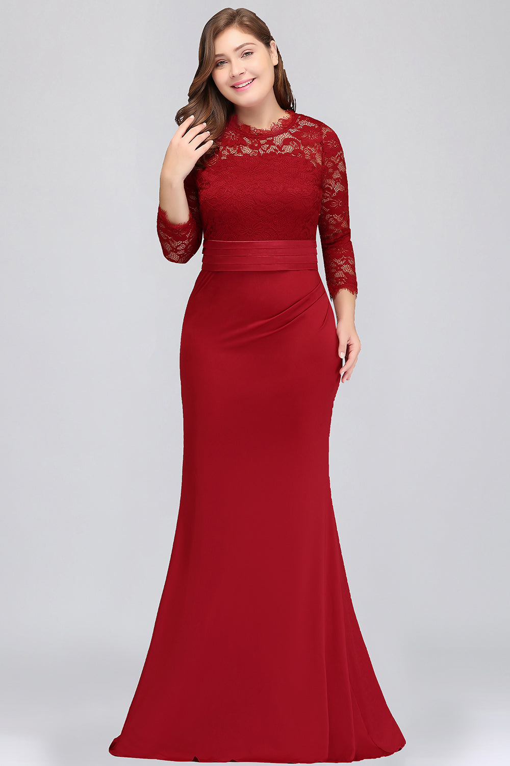 Plus Size Mermaid Long Red Lace Bridesmaid Dresses with 3/4 Sleeves