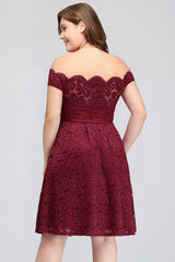 Plus Size Off-the-Shoulder Burgundy Lace Short Bridesmaid Dress Online