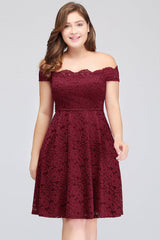 Plus Size Off-the-Shoulder Burgundy Lace Short Bridesmaid Dress Online