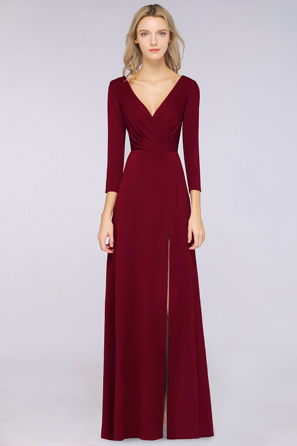 Popular Spandex Long-Sleeves Burgundy Bridesmaid Dresses with Side-Slit