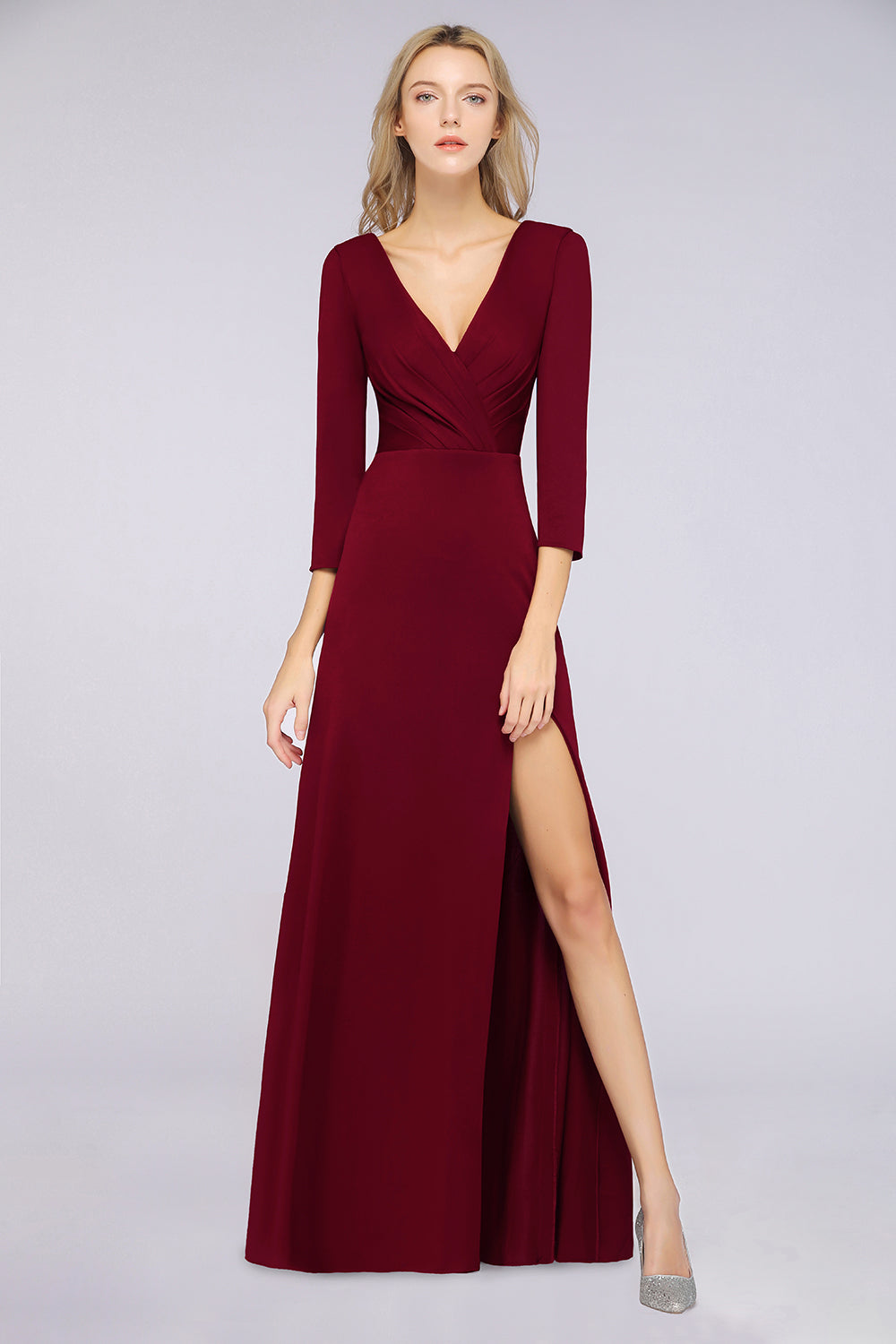 Popular Spandex Long-Sleeves Burgundy Bridesmaid Dresses with Side-Slit