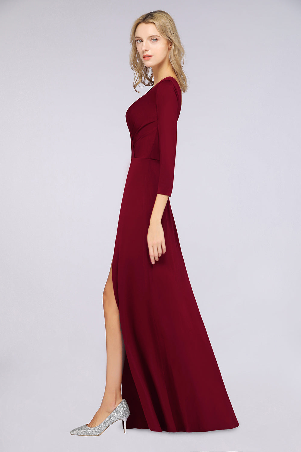 Popular Spandex Long-Sleeves Burgundy Bridesmaid Dresses with Side-Slit