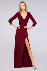 Popular Spandex Long-Sleeves Burgundy Bridesmaid Dresses with Side-Slit