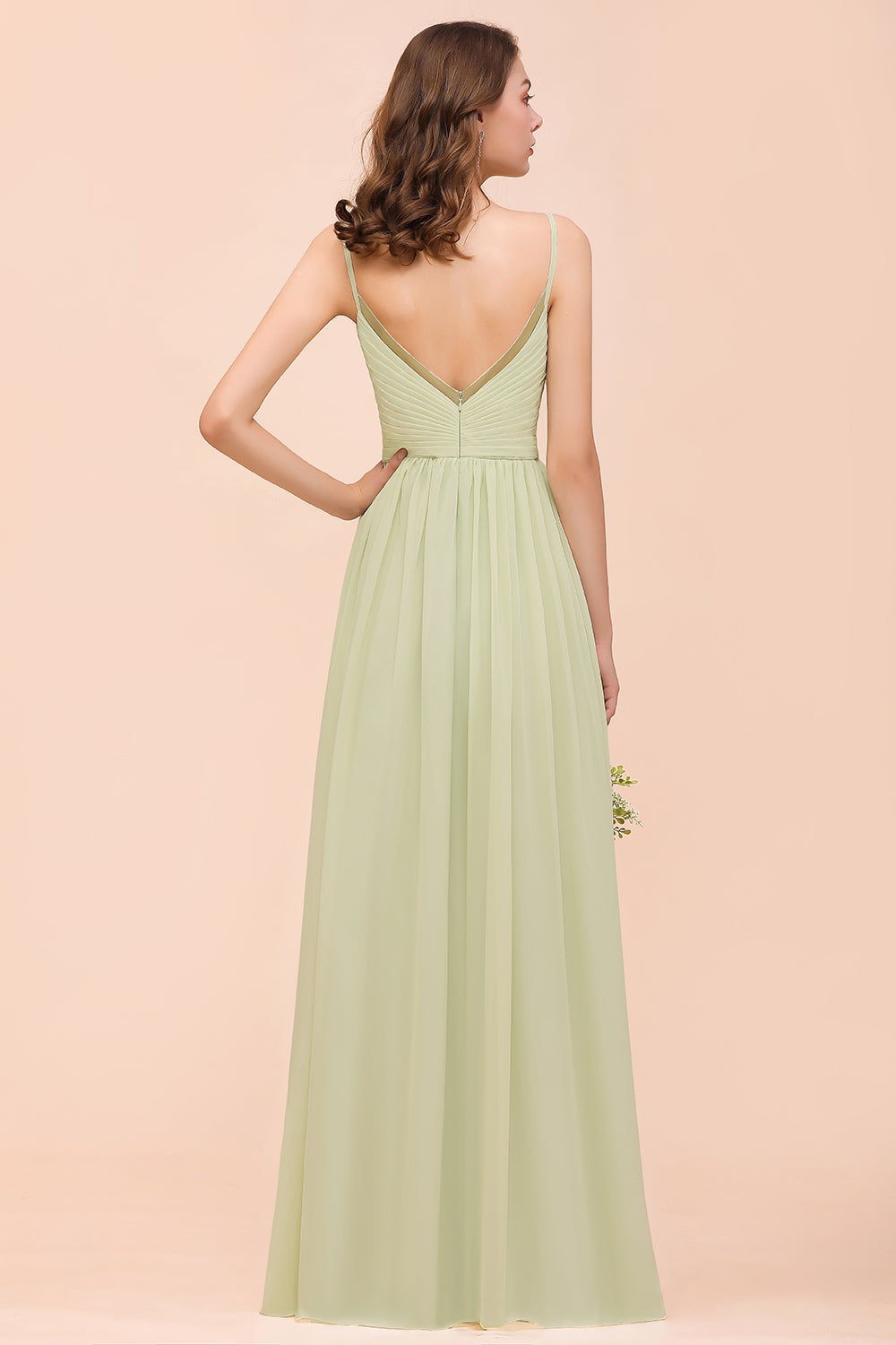 Popular V-Neck Sage Chiffon Affordable Bridesmaid Dress with Low Back