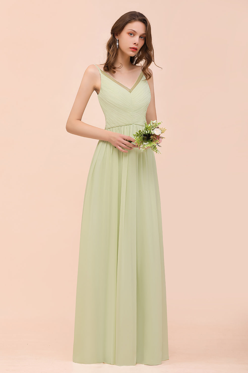 Popular V-Neck Sage Chiffon Affordable Bridesmaid Dress with Low Back